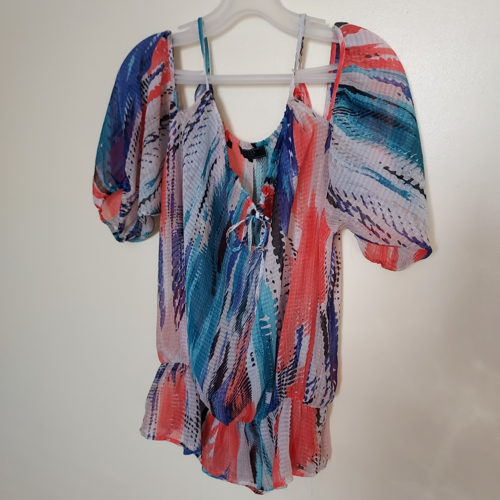 Guess Vibrant Watercolor Patterned Women's Blouse Large Boho Artsy Summer Chic